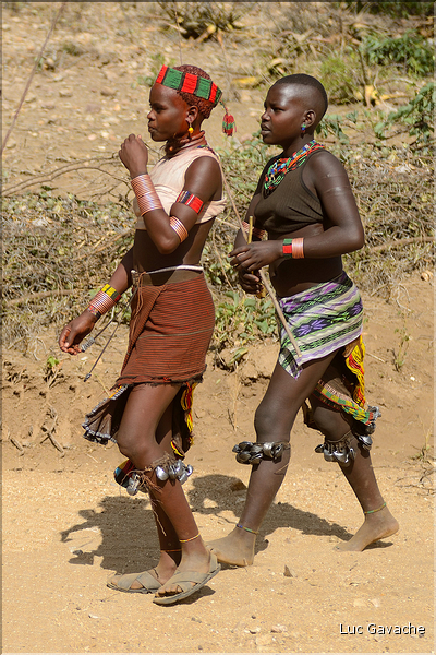 Chez les Hamer la fête la plus importante est l'Ukuli, le passage à l'age adulte d'un jeune garçon. Ici rassemblement des intervenants dans un endroit dégagé près du village. (5)