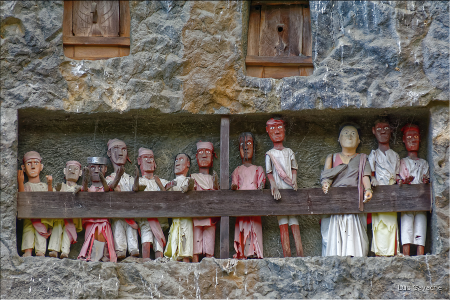 Les sarcophages sont accompagnés des tau-tau, qui sont des statues de bois à effigie du défunt avec qui plus est leurs vêtements. Ici ceux de Lemo. (4)